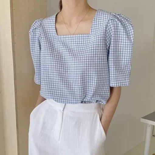 Vintage Plaid Blouse with Short Puff Sleeves for Summer - Image 7