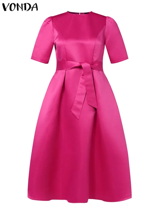 Plus Size Elegant Satin Midi Dress with Belt - Image 3