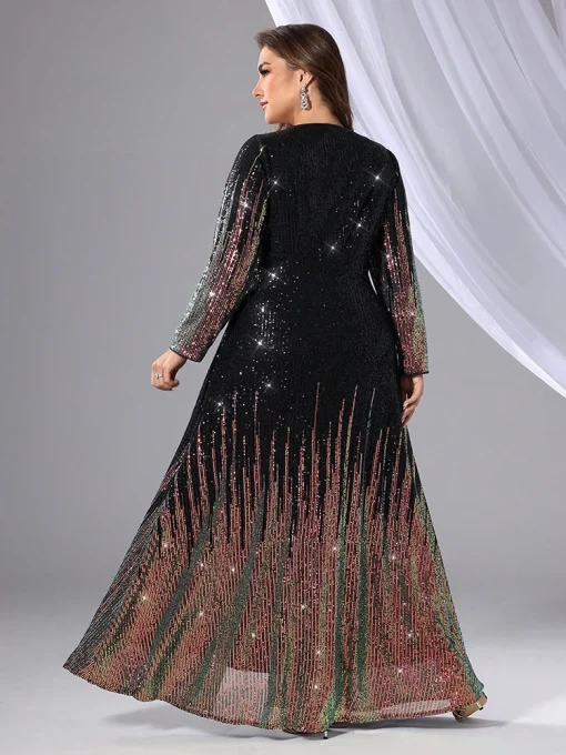 Elegant Plus Size Sequin Bead Long Sleeve Evening Gown - Image 2