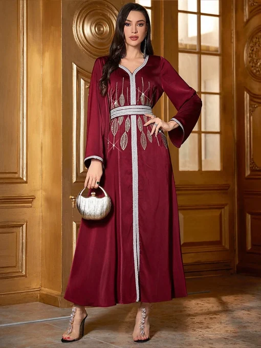 Women’s V-Neck Embroidered Floor-Length Muslim Dress