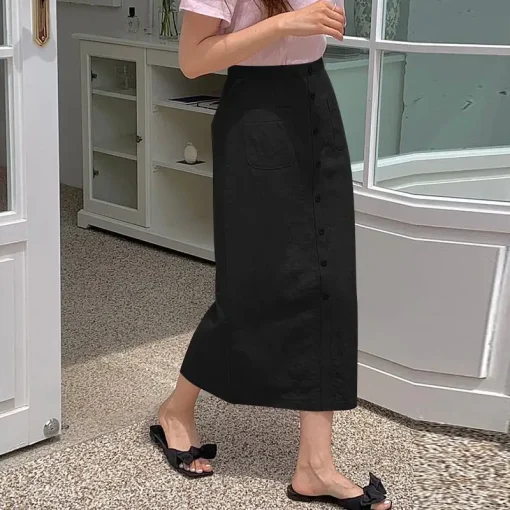 Women’s Elegant Solid Color Midi Skirt with Pockets