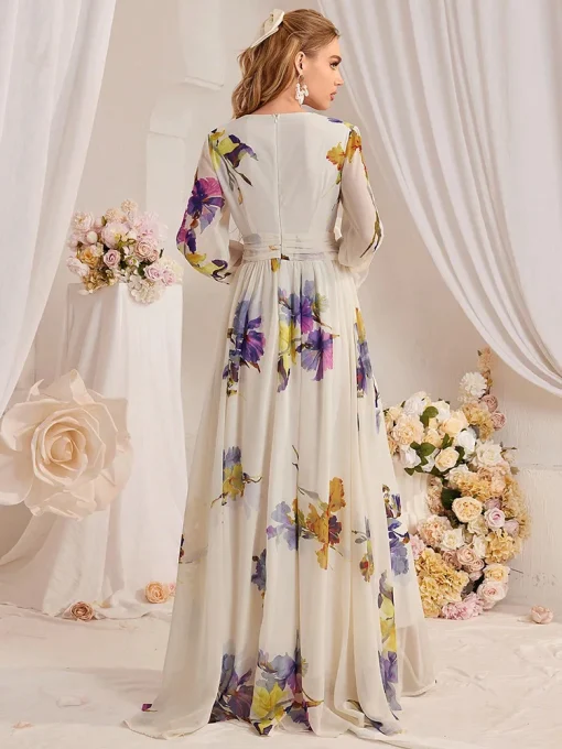 Elegant Floral Print V-Neck Lantern Sleeve High Waist Dress - Image 2