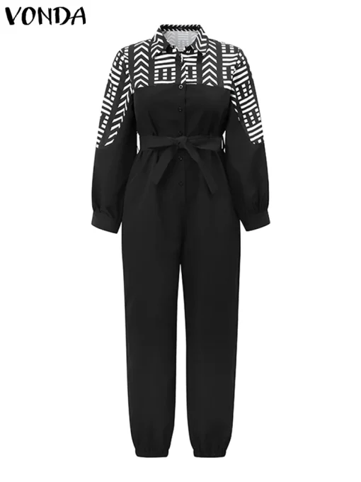 Women Vintage Printed Long Sleeve Belted Jumpsuit - Image 3