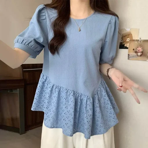 Women's Elegant Solid Color Puff Sleeve Summer Blouse - Image 6