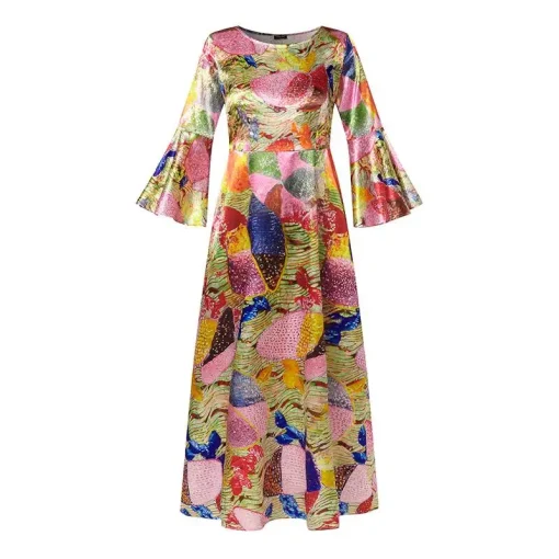 Bohemian Maxi Dress Long Flare Sleeve Printed Casual Sundress