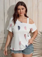 Plus Size Women's Off Shoulder White Graphic T-Shirt