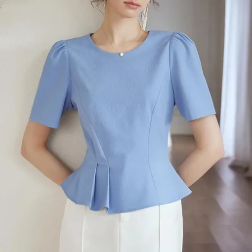 Elegant Summer Office Blouse with Short Puff Sleeves - Image 5