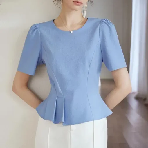 Elegant Summer Office Blouse with Short Puff Sleeves - Image 7