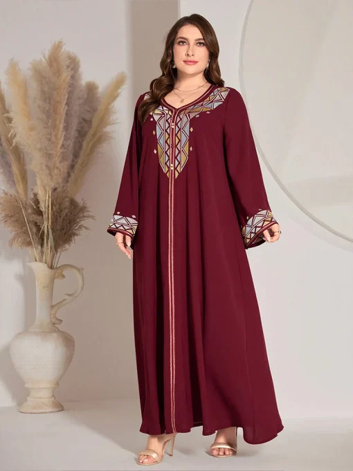 Plus-Size Women Embroidered V-neck Maxi Arab Ethnic Dress - Image 4