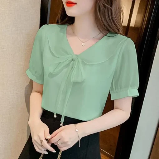 Elegant Short Puff Sleeve Bow Tie Summer Blouse - Image 6