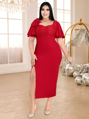 Red Lace Bodycon Dress with Ruffle Sleeves and Slit