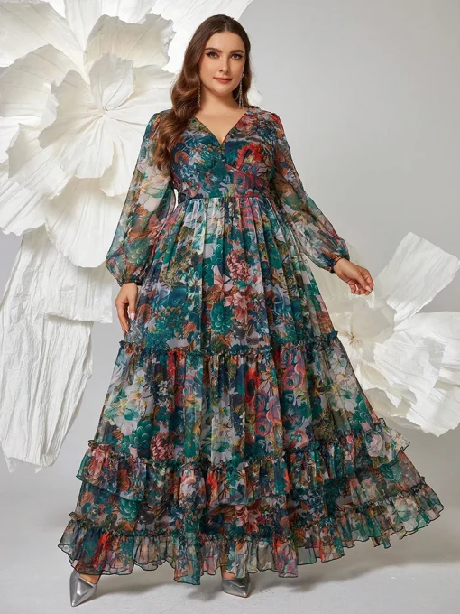 Plus Size Floral Print V-Neck Lantern Sleeve Maxi Dress