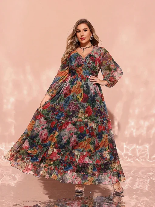 Elegant V-Neck Floral Print Plus Size Maxi Party Dress