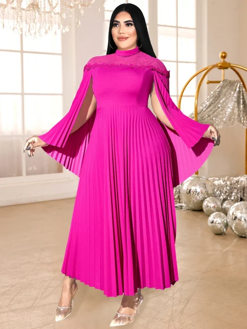 Elegant Pleated Maxi Dress with High Collar and Cloak Sleeves