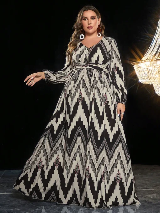 Plus Size Herringbone Pattern Printed Long Sleeve Maxi Dress - Image 2