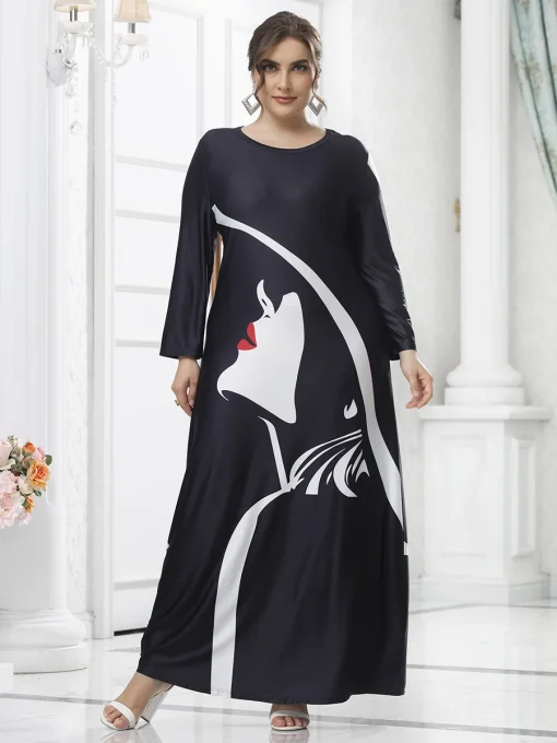 Plus Size Black Long Sleeve Print Casual Maxi Dress - Image 5