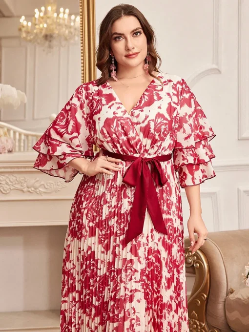 Plus Size Floral Print Pleated Hem Belted Evening Dress - Image 3