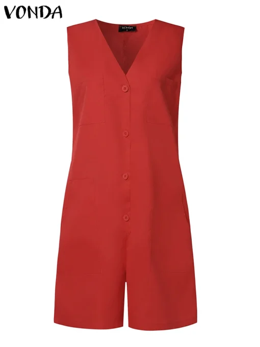 Casual Summer Sleeveless Jumpsuit with V-Neck and Pockets - Image 2