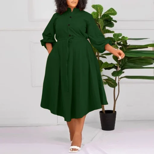 Plus Size Elegant Midi Dress with Long Lantern Sleeves - Image 4