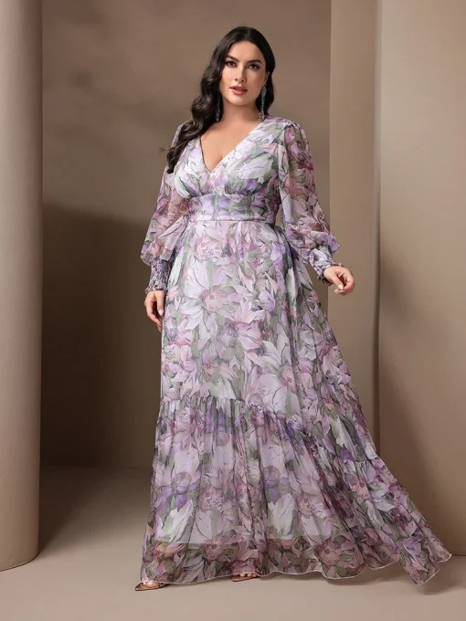 Plus Size Floral Print Lantern Sleeve V-Neck Long Dress - Image 2