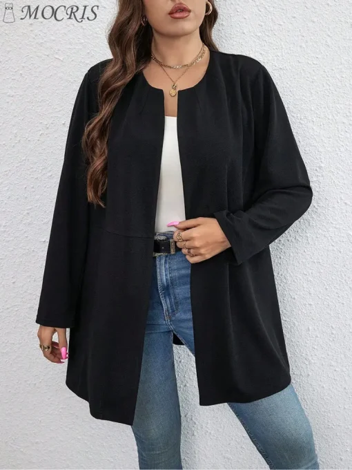 Plus Size Monochrome Black Crew Neck Long Blouse - Image 4