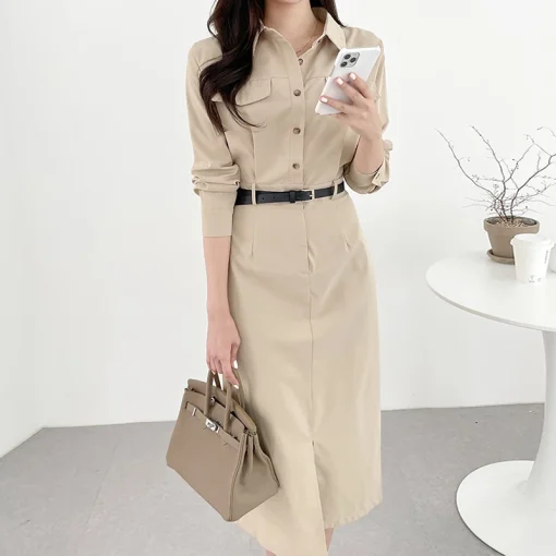 Women Summer Midi Dress Long Sleeve Button Down Sundress - Image 6