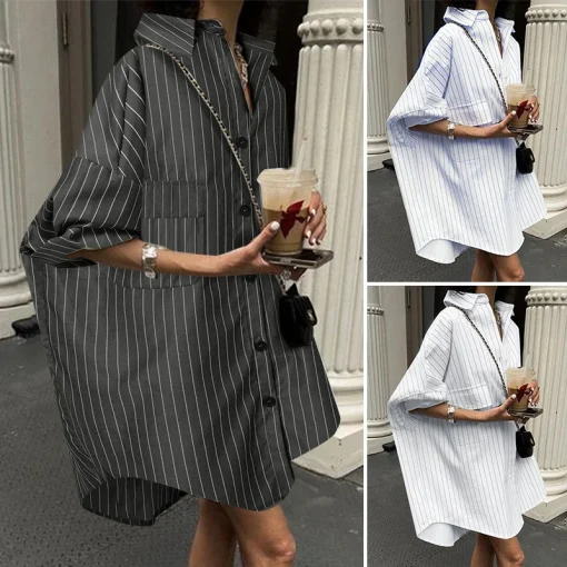 Plus Size Casual Stripe Splicing Shirt Dress