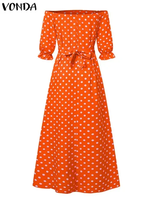 Bohemian Off-Shoulder Polka Dot Maxi Dress - Image 3