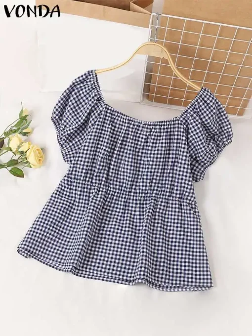 Women's Plaid V-Neck Bohemian Short Sleeve Blouse - Image 3