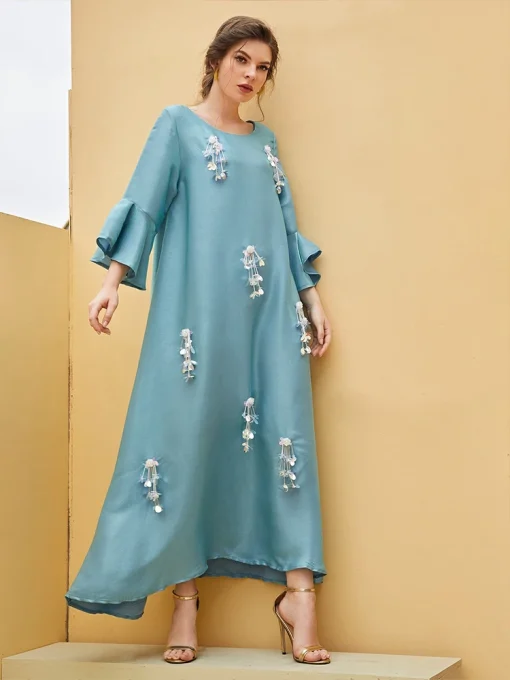 Beaded Floor-Length Dress with Trumpet Sleeves and Crew Neck - Image 5