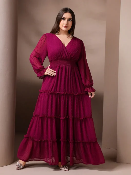 Plus Size Solid Color Cinched Waist Maxi Party Dress