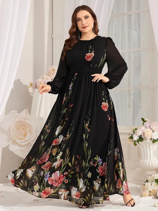 Plus Size Floral Print Lantern Sleeve Mesh Midi Dress - Image 6