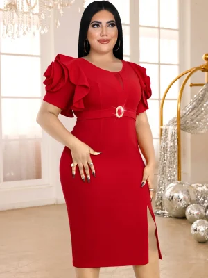 Red Midi Party Dress with Petal Sleeves and High Waist