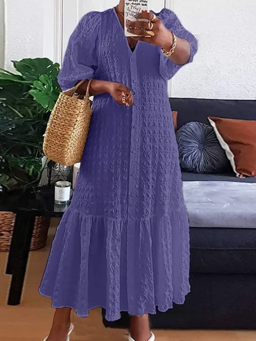 Women's Summer Casual Loose V-Neck Puff Sleeve Maxi Dress - Image 2