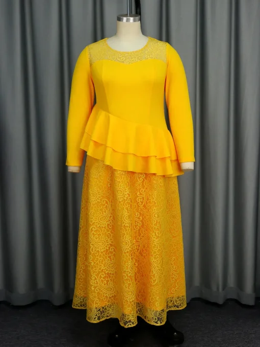 Autumn Yellow Lace A-Line Dress with Ruffle Hem - Image 5