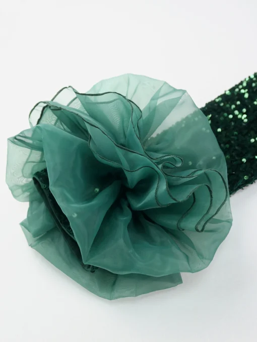 Green Glitter Velvet Long Sleeve Mesh Flower Evening Dress - Image 6