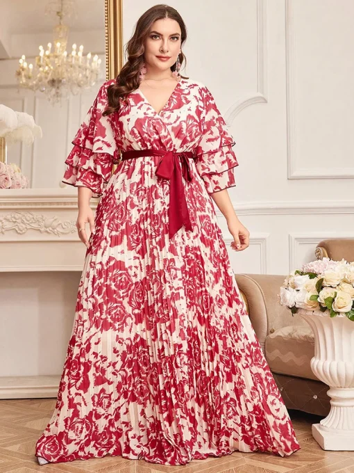 Plus Size Floral Print Pleated Hem Belted Evening Dress - Image 6