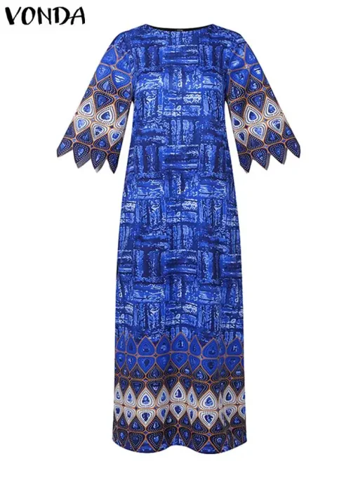 Women’s Bohemian Printed Maxi Dress with Flare Sleeves - Image 2