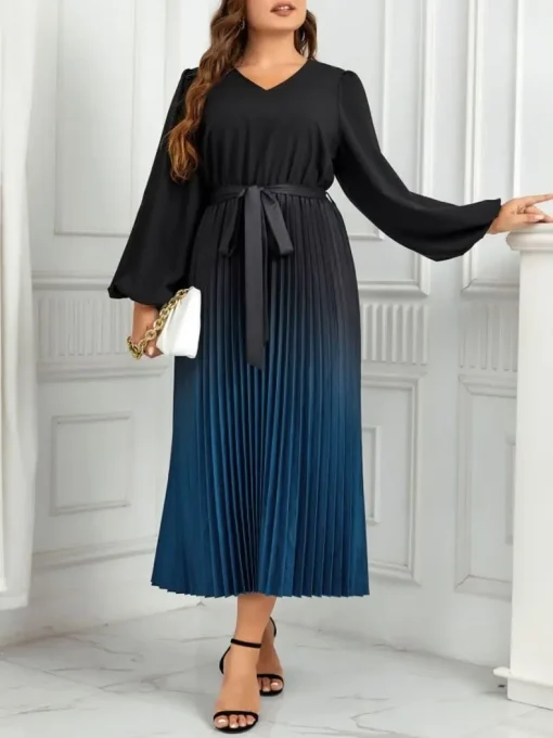 Plus Size Elegant Black Linen Long Sleeve Lace Dress - Image 4