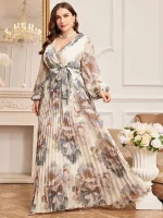 Elegant V-Neck Belted Floral Print Plus Size Maxi Dress
