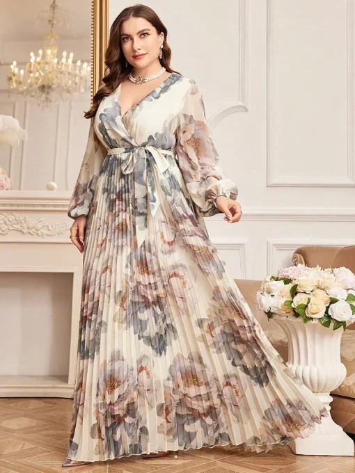 Elegant V-Neck Belted Floral Print Plus Size Maxi Dress