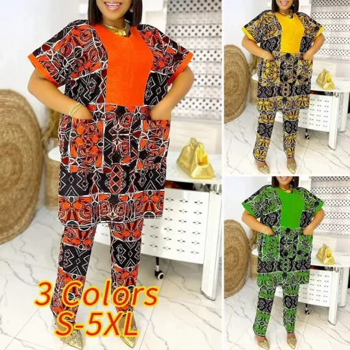 Plus Size  Summer V Neck Printed Pants Set