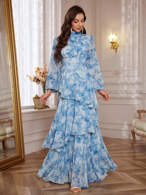 Elegant Floral Lantern Sleeve Ruffle Chiffon Maxi Dress - Image 4