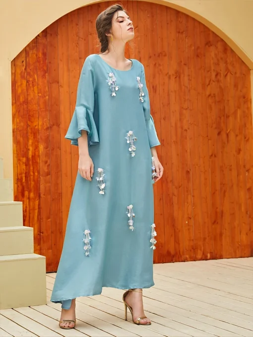 Women's Floor-Length Beaded Crew-Neck Trumpet Sleeve Dress - Image 6