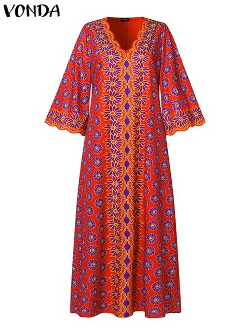 Plus Size Bohemian Vintage V-Neck Maxi Dress for Women - Image 2