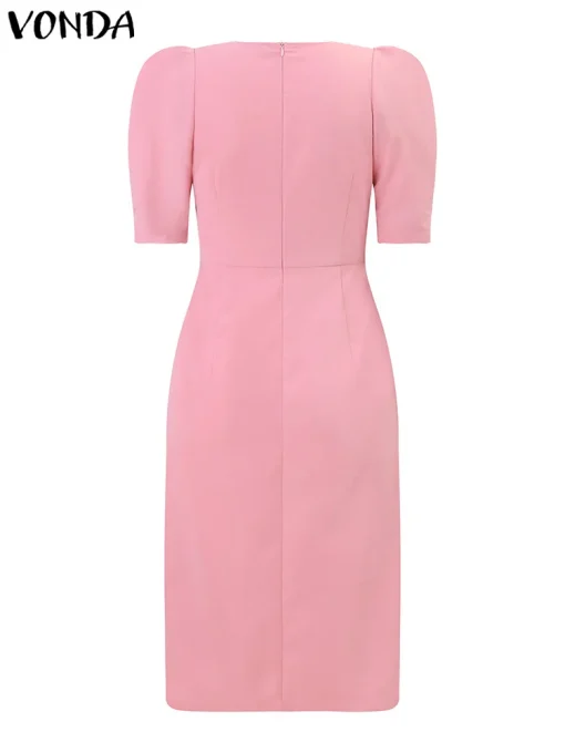 Women’s Elegant Puff Sleeve Solid Color Midi Dress - Image 3