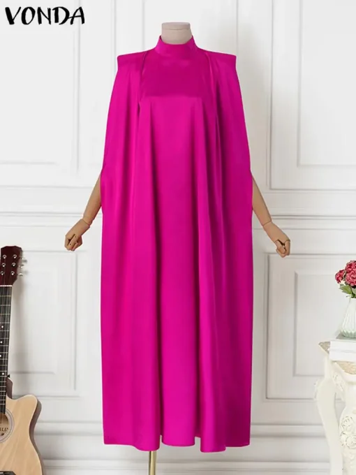 Plus Size Elegant Satin Maxi Dress with Bat Sleeves - Image 3