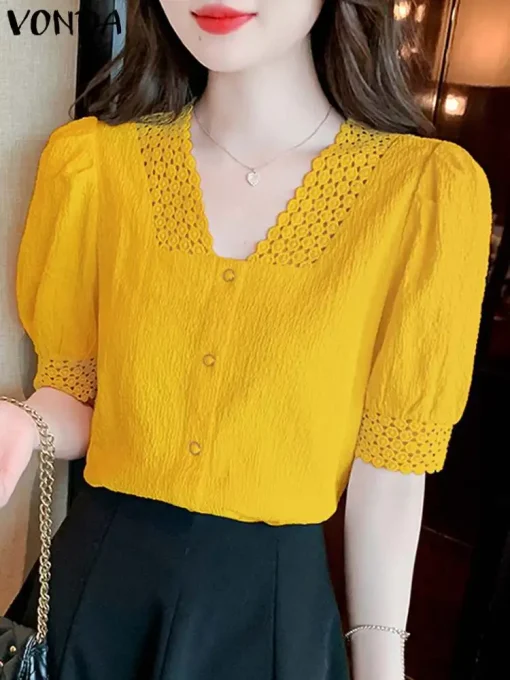 Women's Lace V-Neck Short Puff Sleeve Top