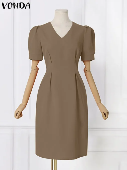 Women’s V-Neck Puff Sleeve Midi Office Dress - Image 3