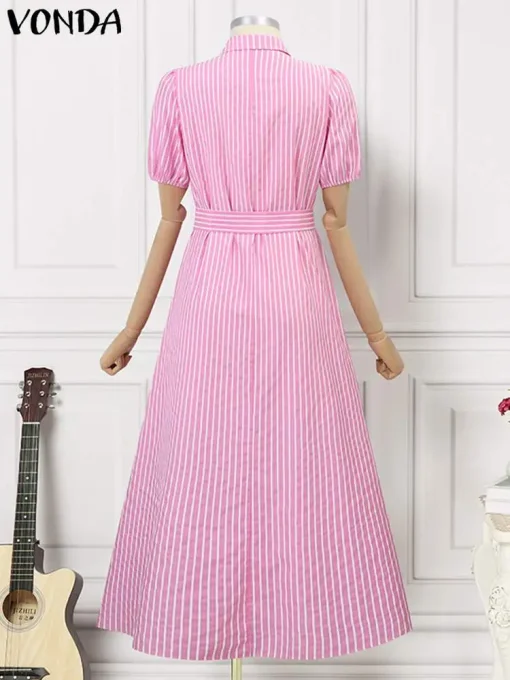 Elegant Summer Midi Dress with Puff Sleeves and Belt - Image 3